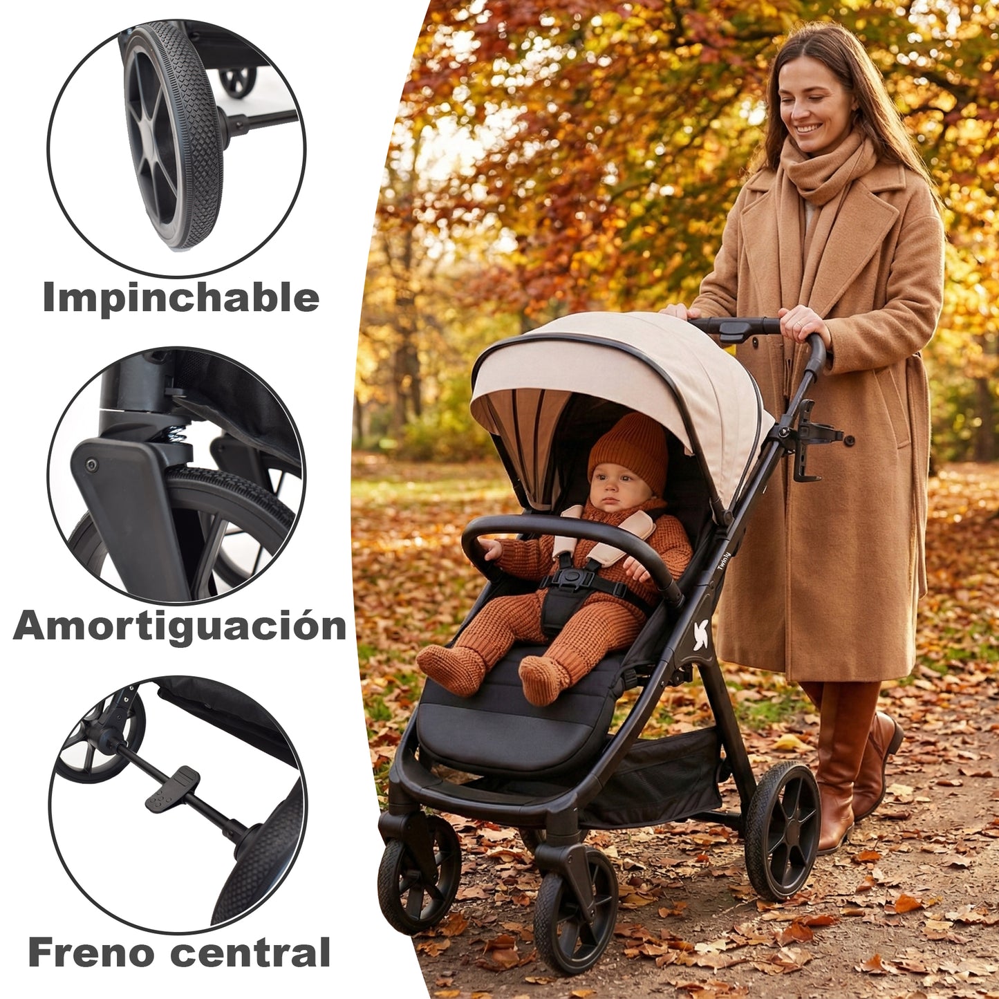 Carrinho de bebê Twinly Spacely com capuz dobrável XXL, 22 kg 