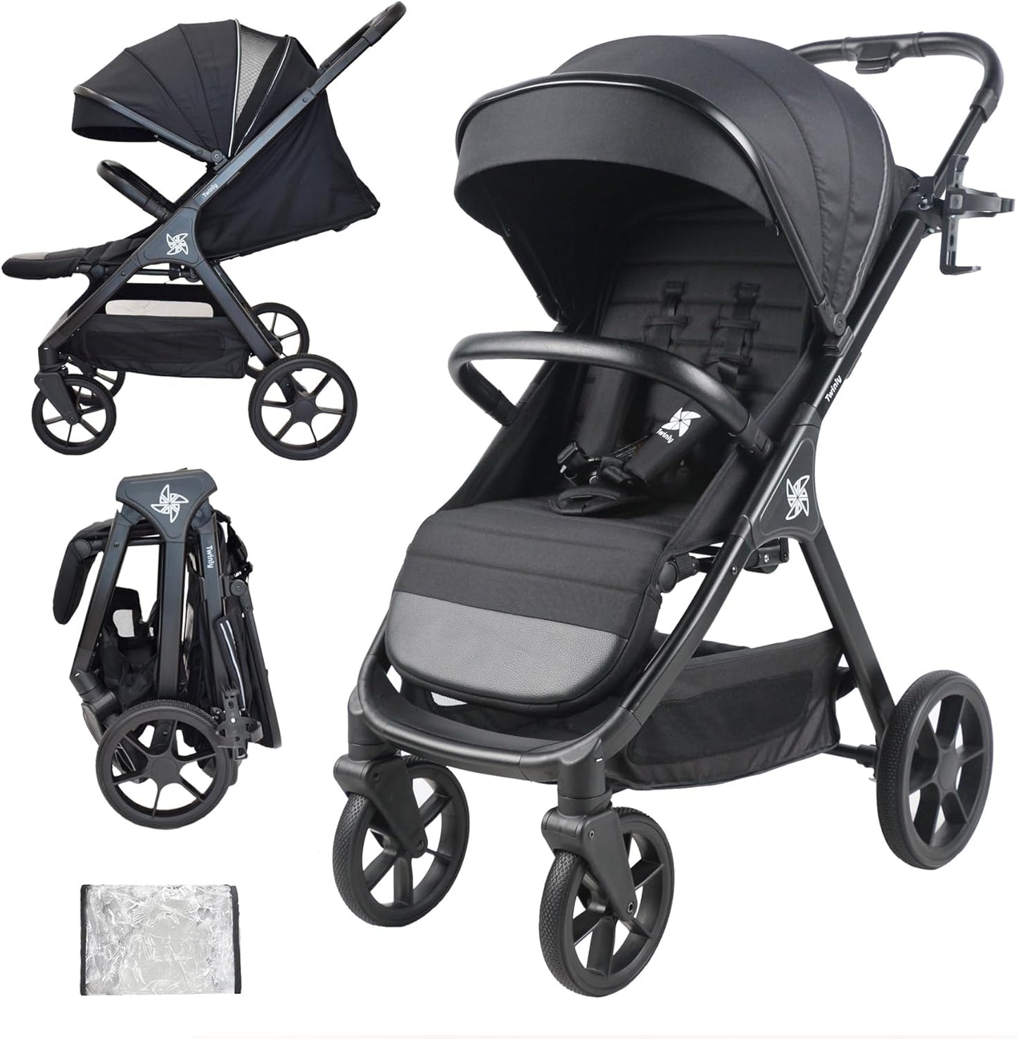 Carrinho de bebê Twinly Spacely com capuz dobrável XXL, 22 kg 