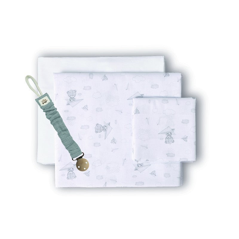 Berço Tríptico 100% algodão Avião de Papel + Chupeta Interbaby