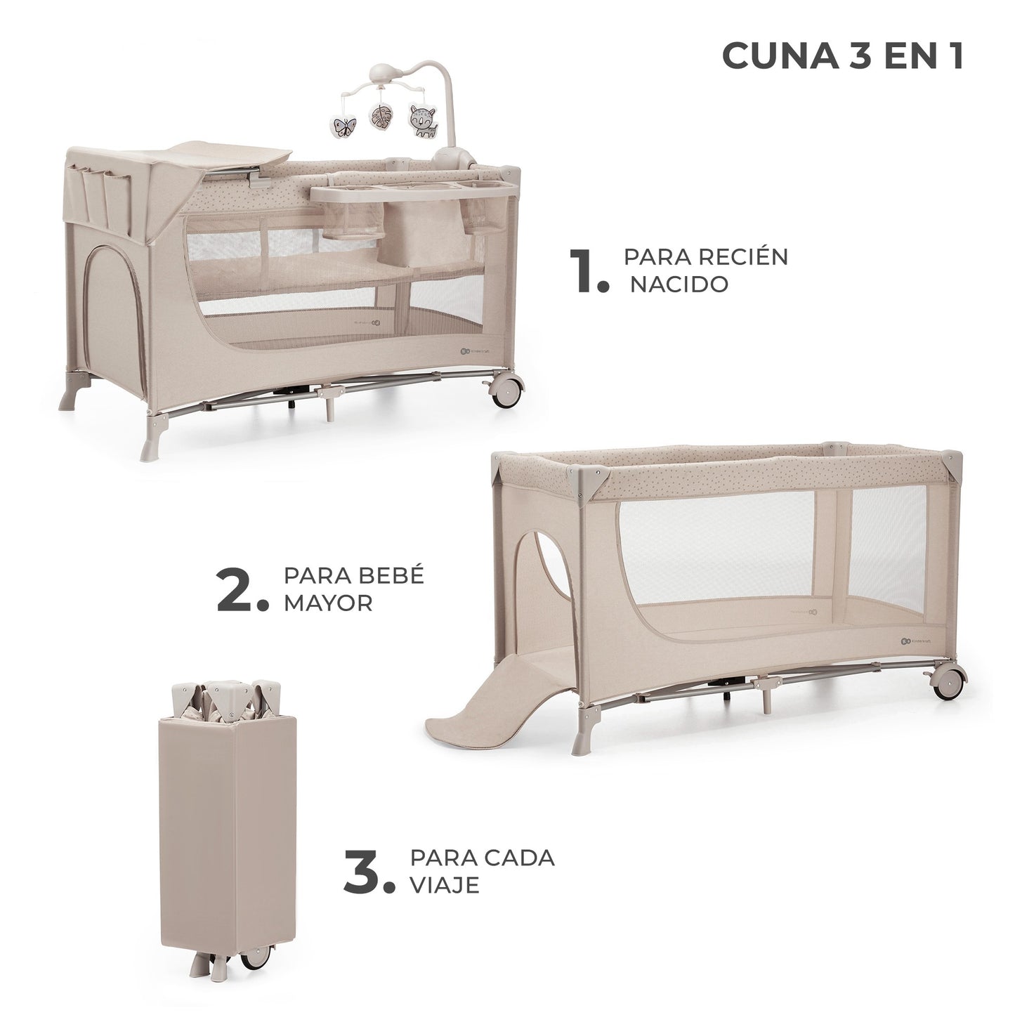 Cuna de viaje 3en1 multifunción JOY 2 con Accesorios de Kinderkraft
