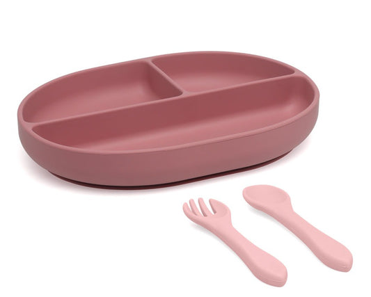 Set de cubiertos y bandeja blw en silicona con divisiones y ventosa  Kiokids