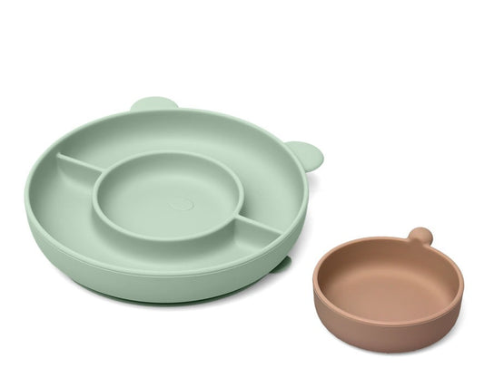 Plato de silicona verde con compartimentos y ventosa Kiokids