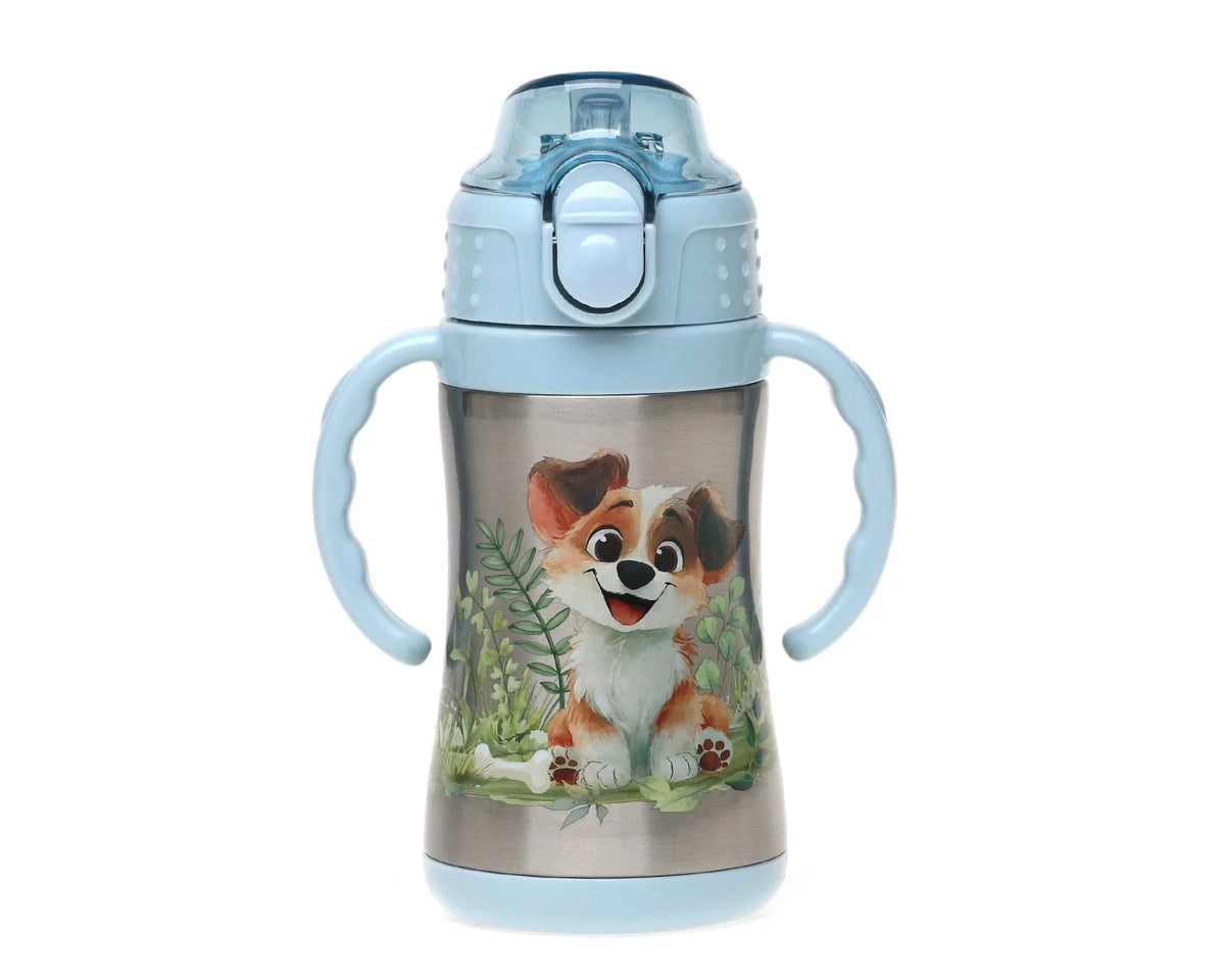 Botella de acero inoxidable con pajita de asas azul y perrito Kiokids
