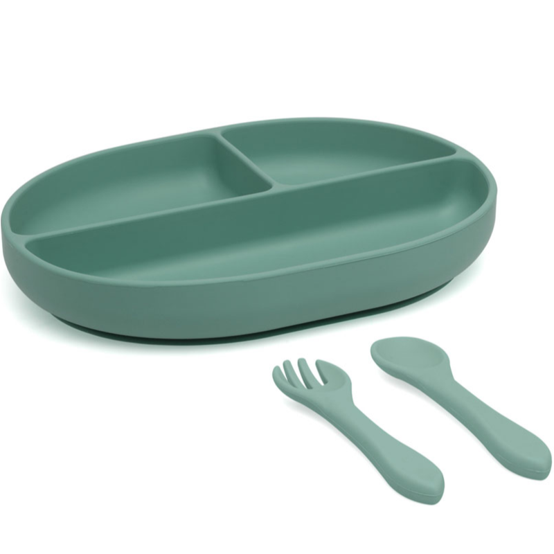 Set de cubiertos y bandeja blw en silicona con divisiones y ventosa  Kiokids