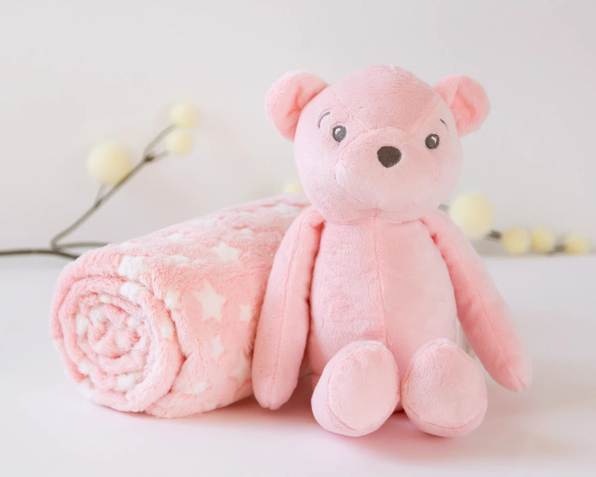 Oso de peluche rosa con mantita de estrellas de Kiokids