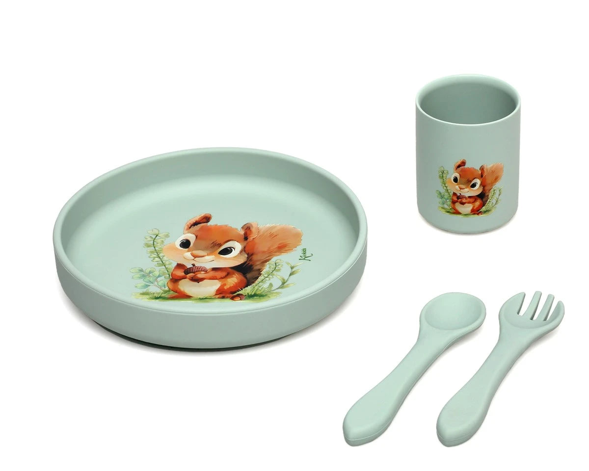 Vajilla de silicona para bebé con ventosa ardilla Kiokids