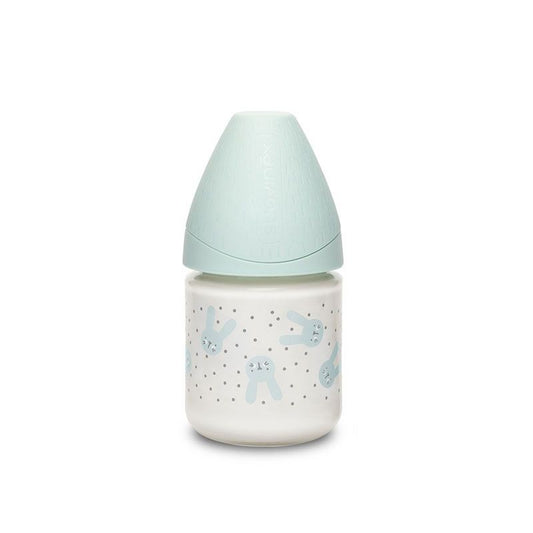 Biberão de vidro com tetina de silicone 0M 120ml Green Rabbit da Suavinex 