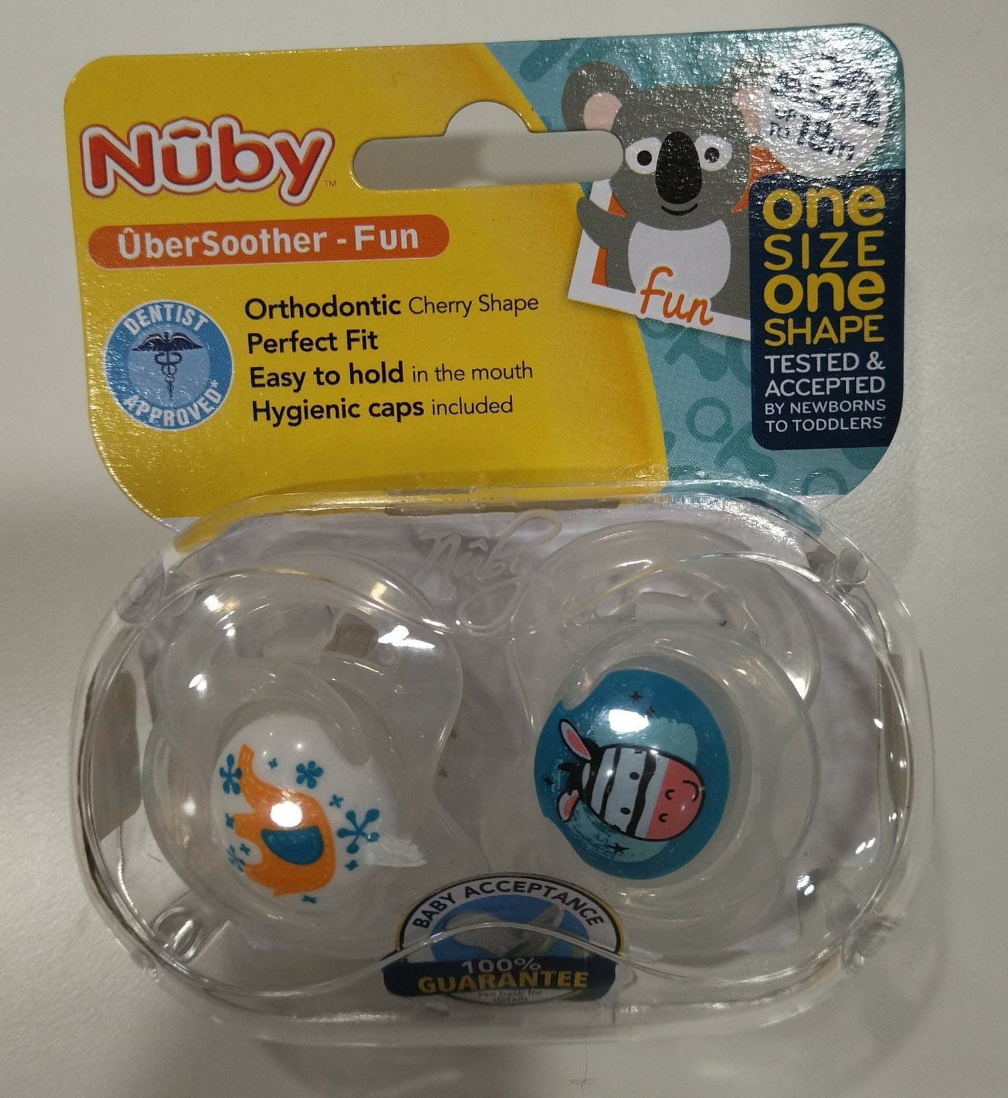Pacote de duas chupetas de animais zebra e pinguim 0/18M da Nuby