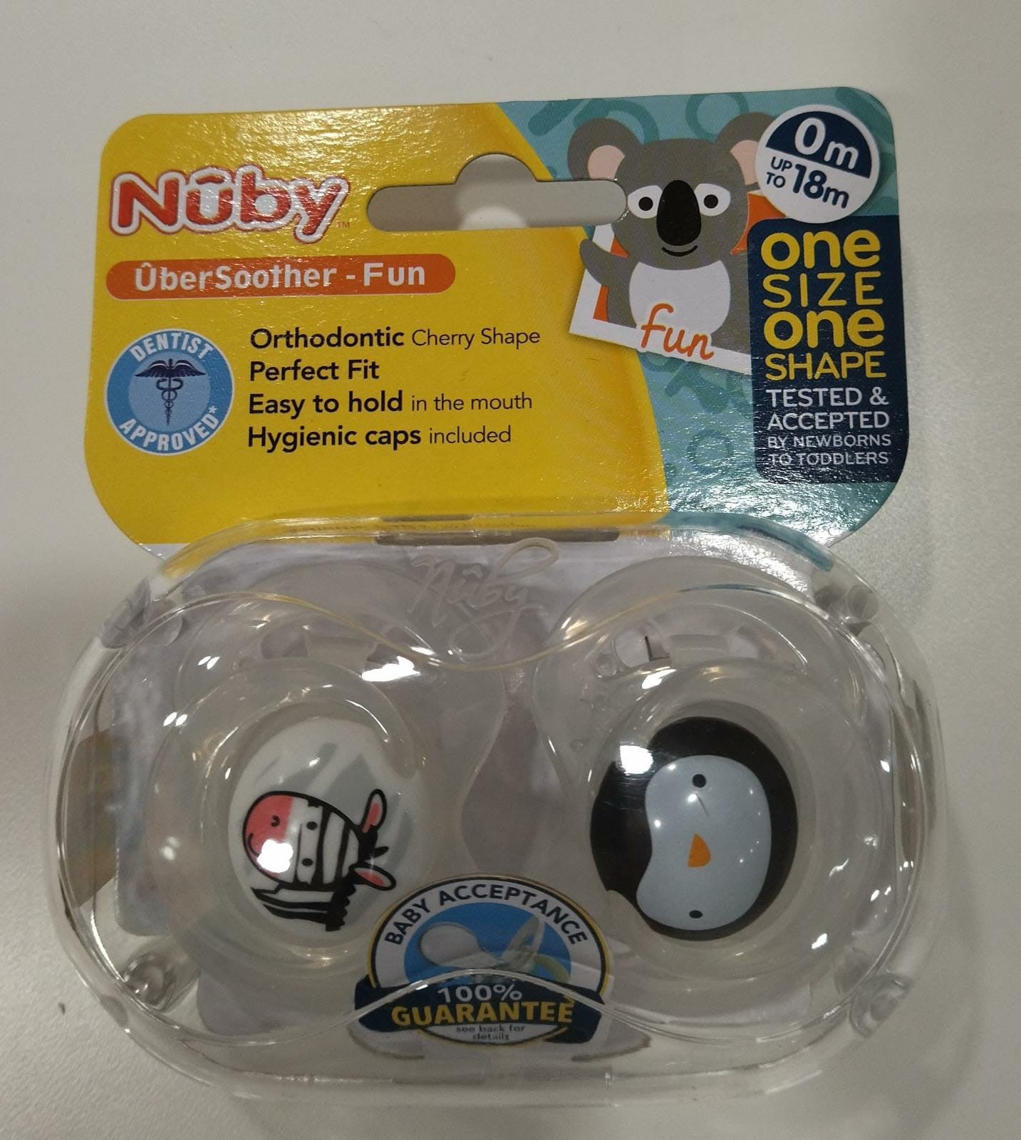 Pacote de duas chupetas de animais zebra e pinguim 0/18M da Nuby