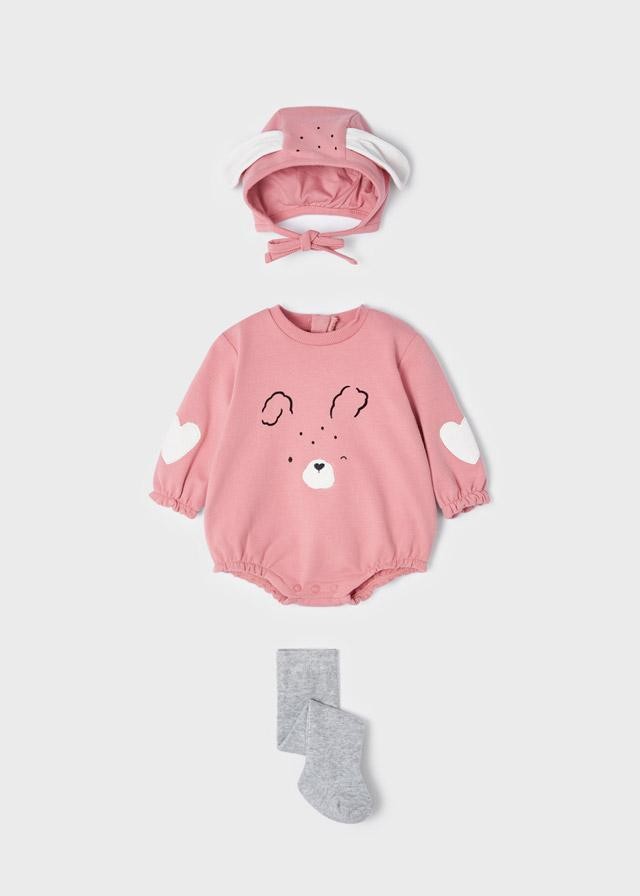 Conjunto macacão coelhinho manga longa Mayoral + collant + chapéu orelhudo 