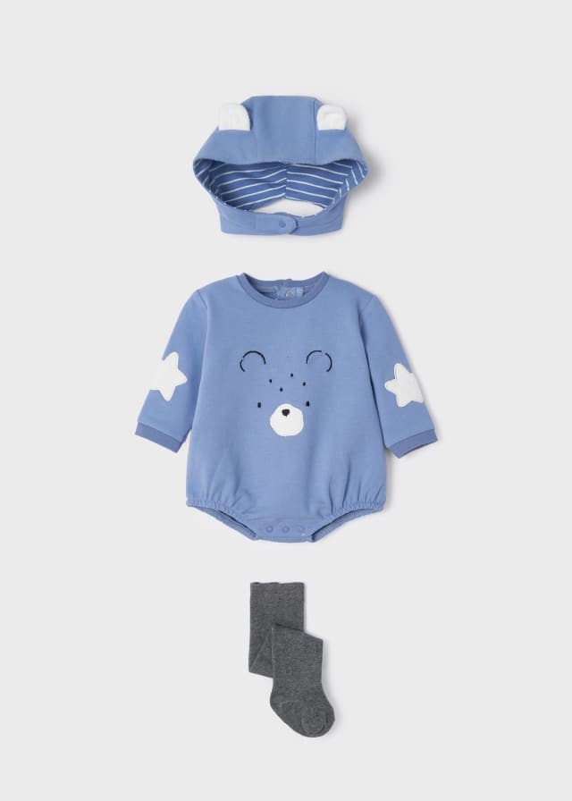 Conjunto macacão coelhinho manga longa Mayoral + collant + chapéu orelhudo 
